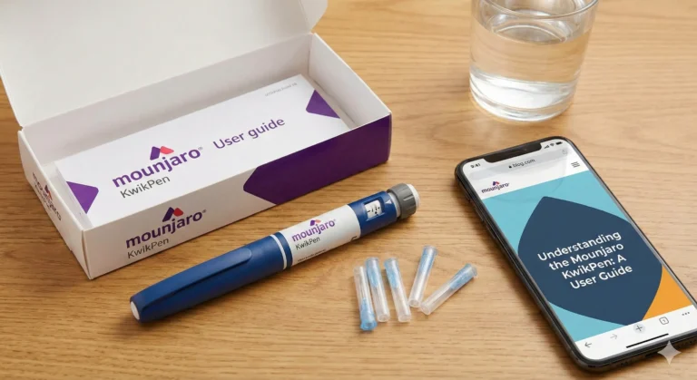 A Mounjaro KwikPen on a wooden table beside its opened carton, five spare needle tips, a glass of water and a phone showing the pen user guide.
