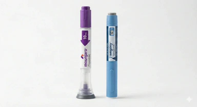 A purple-capped Mounjaro tirzepatide pen standing next to a blue Wegovy semaglutide pen on a plain white background.