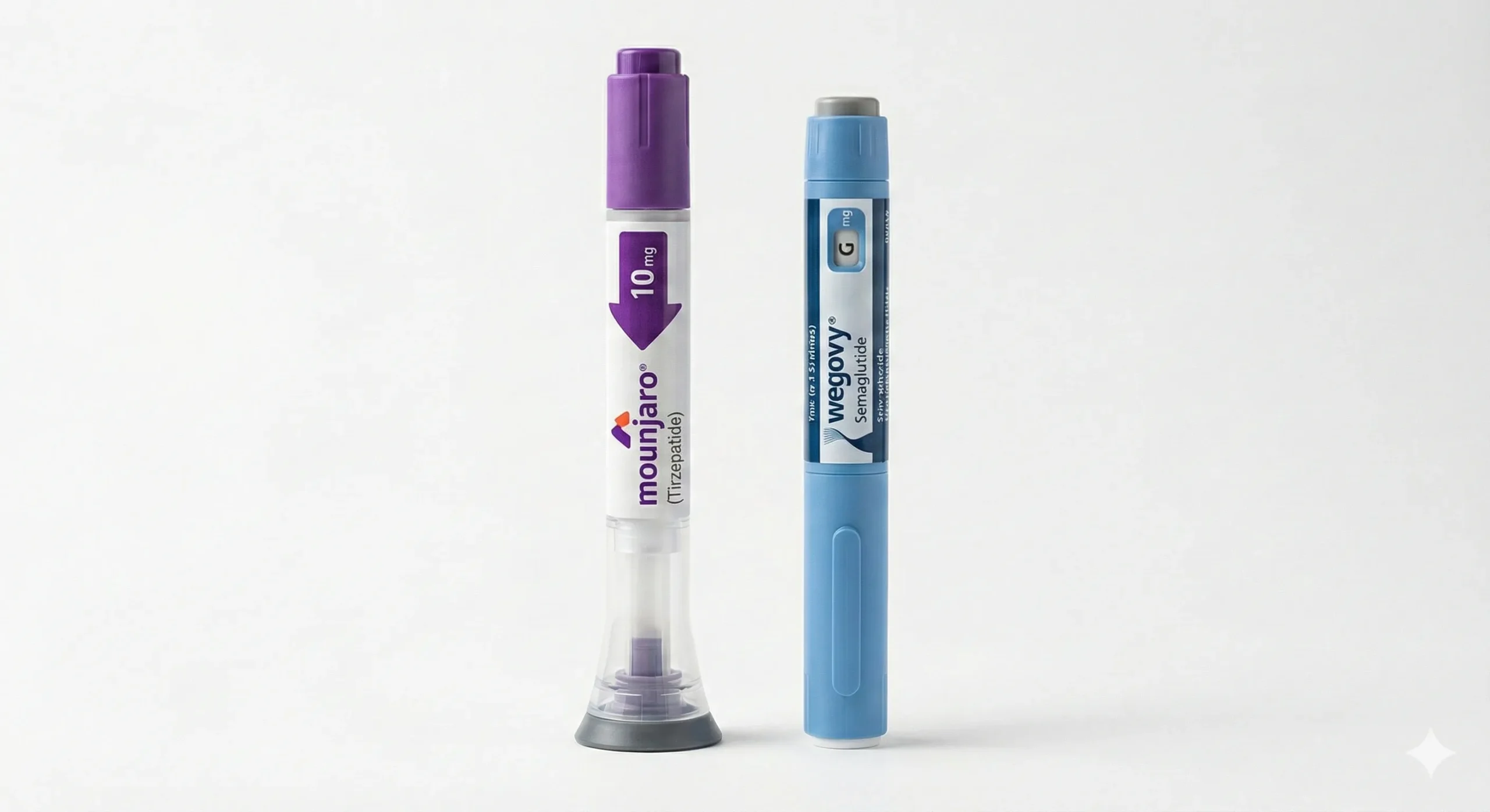 A purple-capped Mounjaro tirzepatide pen standing next to a blue Wegovy semaglutide pen on a plain white background.
