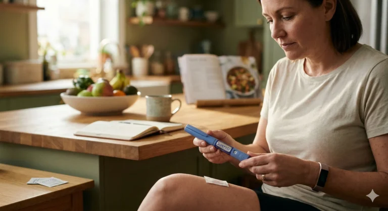 A woman sitting at a kitchen counter holding a blue Saxenda pen, with an alcohol wipe resting on her knee and a notebook and recipe book behind her.
