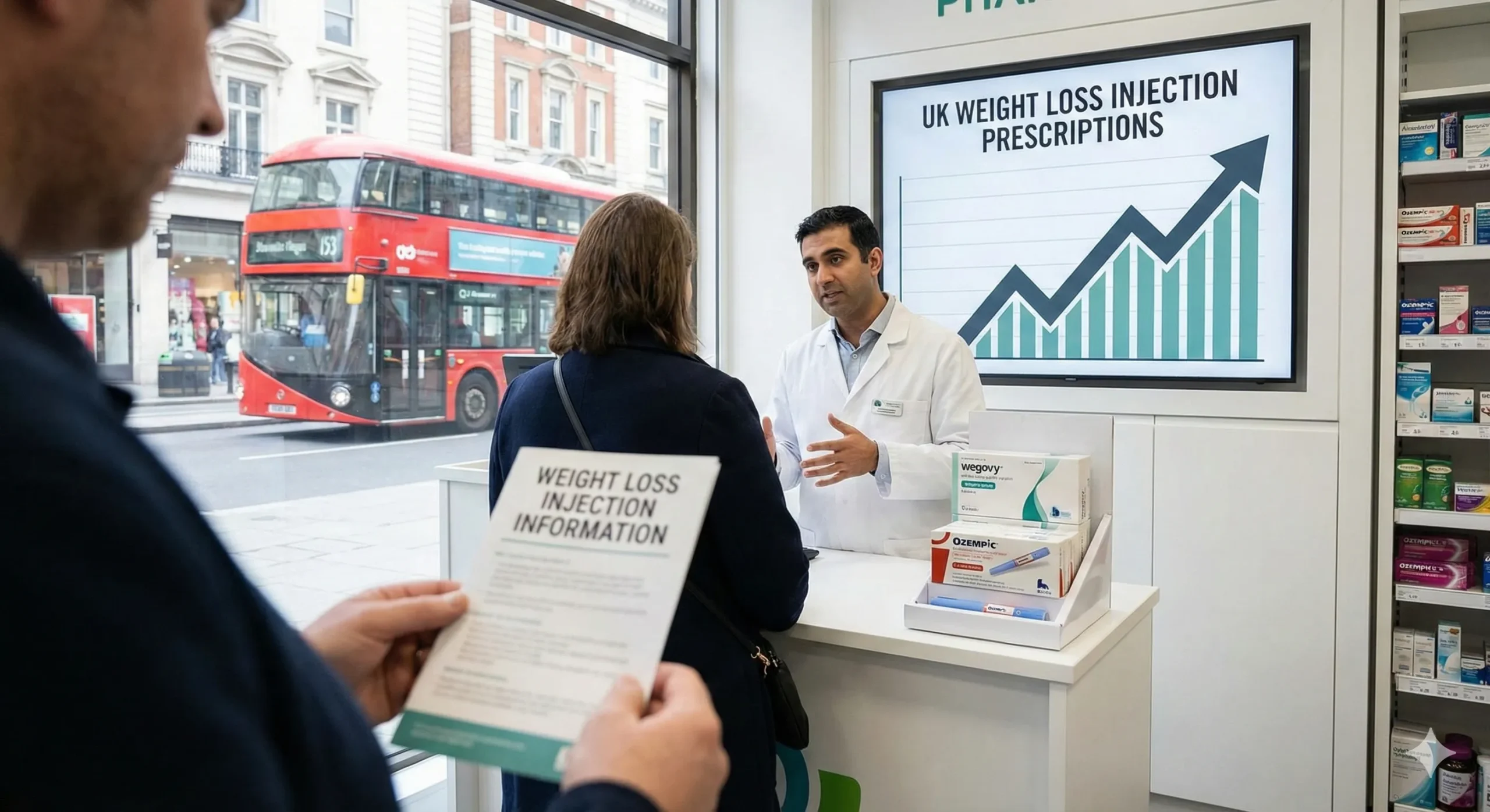 A pharmacist in a white coat talking to two customers at a UK high street pharmacy counter, with a screen behind showing a rising trend chart of weight loss injection prescriptions.