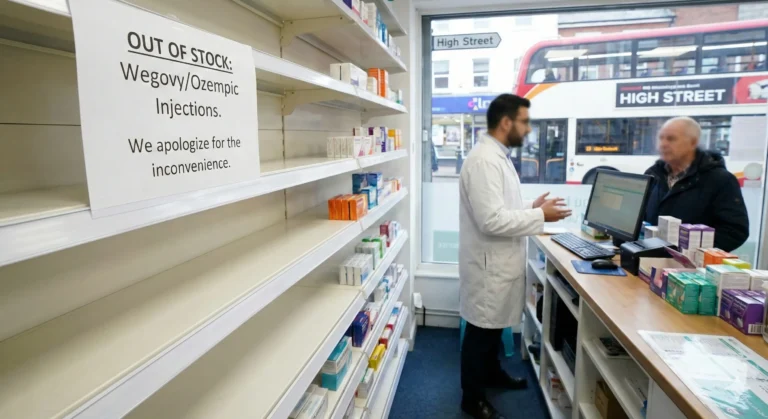 Empty shelves in a UK high street pharmacy with a printed sign reading Out of stock: Wegovy/Ozempic injections, and a pharmacist serving a customer in the background.